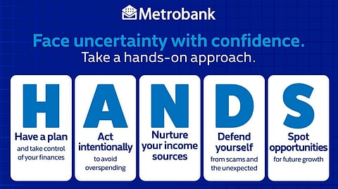 METROBANK presents its H.A.N.D.S. financial guide, outlining practical steps — have a plan, act intentionally, nurture income, defend against risks and spot opportunities — to help Filipinos manage finances amid uncertainty.