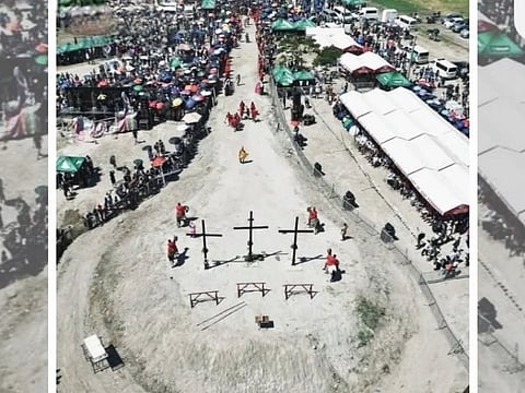 MASS DEVOTION. Thousands, including foreign visitors, gathered at Barangay San Pedro Cutud on Good Friday to witness the traditional crucifixion rites as part of Maleldo 2026. Inset shows Ruben Enaje being nailed to the cross, marking his 37th year of penance.