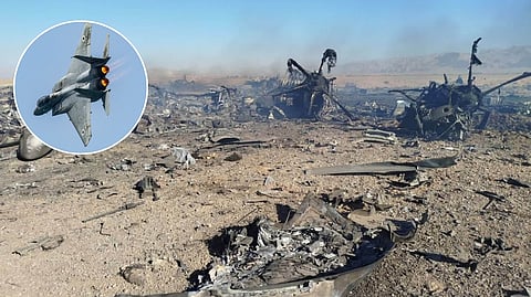 UNDER fire Debris from a destroyed US rescue aircraft in central Iran is shown, one among assets sent to rescue alive two airmen from a crashed F-15 fighter jet (similar to one in this inset).