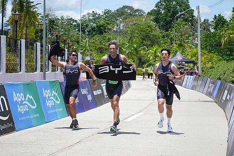 THE BYD Celebrity Relay Team of Wil Dasovich (Swim), Nico Bolzico (Run), and Alden Richards (Bike) finishes in the Top 8 out of 32 teams in the Male Relay category.