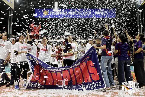 Letran College whoops it up after winning the NCAA Season 101 women’s volleyball title at defending champion Saint Benilde’s expense, 15-25, 25-17, 26-24, 17-25, 15-12, Friday at the Rizal Memorial Coliseum.