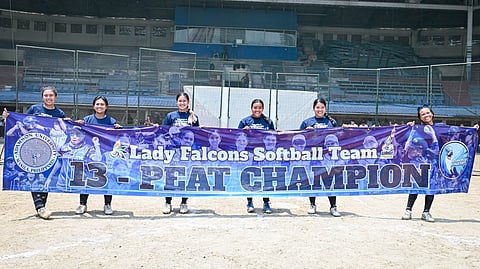 THE Adamson Lady Falcons celebrate after beating the UP Fighting Maroons to clinch their 13th straight UAAP softball crown on Friday.