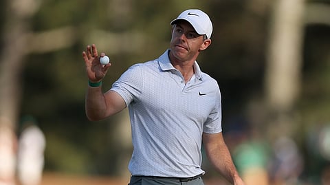 RORY McIlroy acknowledges the crowd after delivering six birdies in the last seven holes to clinch a record six strokes lead entering the third round of the 90th Masters at Augusta National.