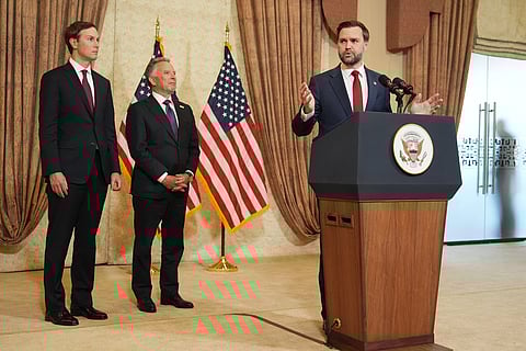 US Vice President JD Vance (R) speaks during a news conference after meeting with representatives from Pakistan and Iran, as US President Donald Trump's son-in-law Jared Kushner (L) and US Special Envoy to the Middle East Steve Witkoff (C) watch, in Islamabad on April 12, 2026. Iran and the United States failed to reach an agreement to end the war in the Middle East, US Vice President JD Vance said April 12 after marathon talks in Islamabad, adding that he was leaving negotiations after giving Tehran the "final and best offer".