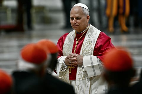 Pope Leo XIV leaves after presiding over a vigil and rosary for peace in St. Peter's Basilica at the Vatican on April 11, 2026.