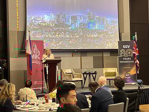 British Ambassador to the Philippines Sarah Hulton OBE speaking at Makati Business Club's Foreign Leaders Series on 14 April 2026 at New World Hotel, Makati City.