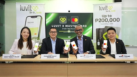 (From left) Qian “Cecily” Zhang, project head of Luvit; Francisco “Coco” Mauricio, president and CEO of WeFund Lending Corporation; Jason Crasto, country manager of Mastercard Philippines; and Kent Tsang, Mastercard account director, during the launch of the Luvit Card.