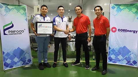 (L-R) Prifood Corporation Cebu Plant General Manager Roy Yap and Assistant General Manager Enrico Yap with COREnergy Retail and Sales Head Marko Sarmiento and Manager Rodson Lumayaga.
