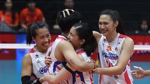 THE Creamline Cool Smashers celebrate after beating the Farm Fresh Foxies, 25-23, 14-25, 25-23, 25-19, to return to the finals of the PVL All-Filipino Conference on Thursday.