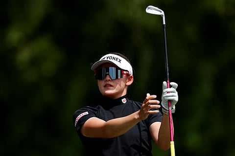 CHIZZY Iwai of Japan reacts after a shot on the ninth hole during the opening round of the JM Eagle LA Championship presented by Plastpro at El Caballero Country Club in Tarzana, California.