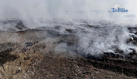 An aerial view of the #Navotas Sanitary Landfill on 16 April 2026 shows a fire that has been burning for days, affecting nearby communities in Navotas, Malabon, and Obando, Bulacan. | Analy Labor