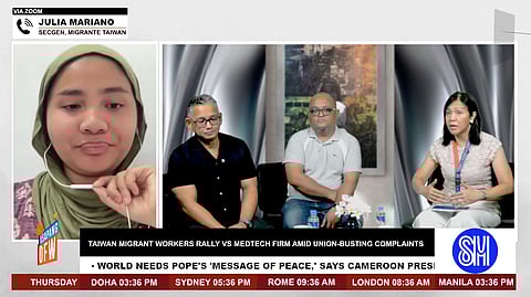MIGRANTE Taiwan Secretary General Julia Mariano (left, via Zoom) joins hosts during Usapang OFW to discuss allegations of union-busting and restrictive policies affecting Filipino workers in Taiwan, highlighting tensions between labor rights and contract limitations.