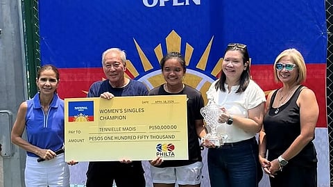 TENNIELLE Madis (center) swept the Philta Women’s National Open. From left are Dyan Castillo, Philippine Tennis Academy founder Romy Chan, Philta executive director Tonette Mendoza and April Toledo.