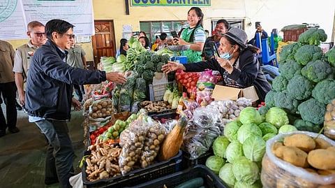 PRESIDENT Ferdinand Marcos Jr., along with Agriculture Secretary Francisco Tiu-Laurel Jr., checked the produce of vegetable farmers in Benguet on Friday. Marcos ordered the purchase of several tons of vegetables to be distributed in various government and private institutions in Metro Manila, in a bid to address oversupply of vegetables in the said province.