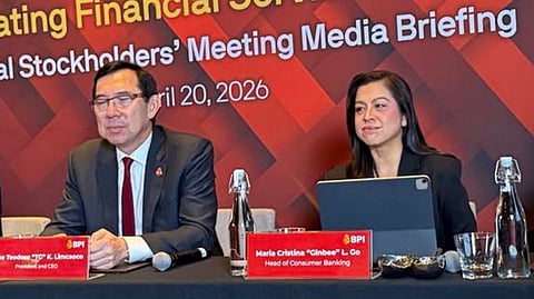 BANK of the Philippine Islands officials speak at a Monday, 20 April press conference at New World Hotel Makati following the bank’s Annual Stockholders’ Meeting. From left: BPI president and CEO Jose Teodoro ‘TG’ K. Limcaoco, and head of Consumer Banking Maria Cristina L. Go.