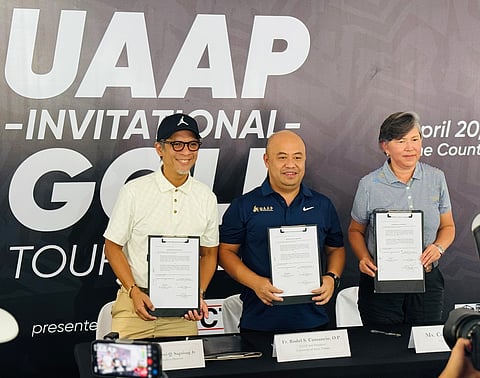 UAAP executive director Atty. Rebo Saguisag, UAAP Season 88 Fr. Rodel Cansancio and PGTI executive director Colo Ventosa display the memorandum of agreement that they signed to formalize the three-year partnership for the inclusion of golf in the UAAP calendar.