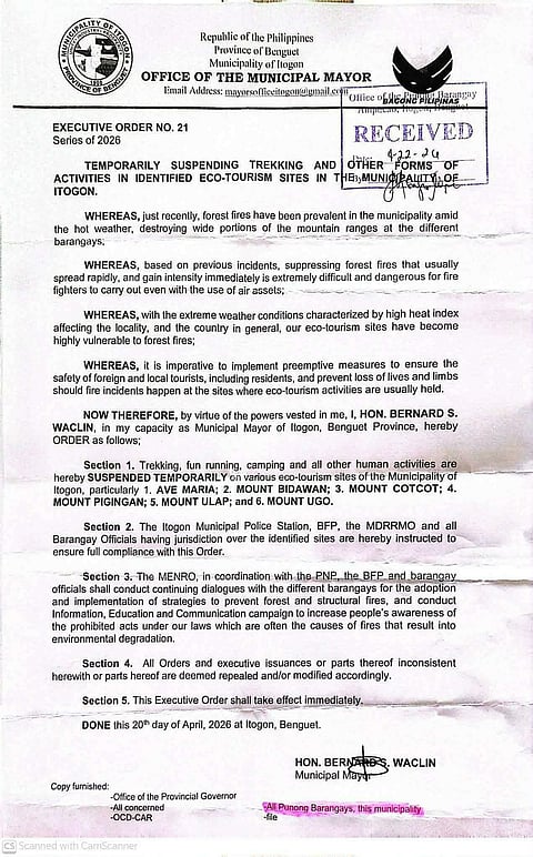 Itogon suspends trekking amid forest fires