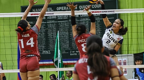 RAINE Alonzo delivers a booming kill to lift the NUNS Lady Bulldogs to a 25-14, 25-14 win over LPU-Cavite in the Shakey’s Girls Volleyball Invitational League Rising Stars Cup on Tuesday at the La Salle Green Hills Gym.
