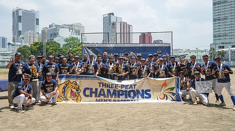 THE NU Bulldogs celebrate after beating the La Salle Green Batters, 7-6, to complete a three-peat in the Season 88 UAAP men’s baseball tournament on Tuesday.