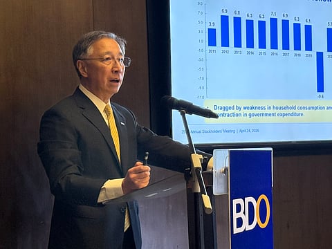 BDO President and CEO Nestor V. Tan speaks at a Friday, 24 April press conference prior to the bank's annual stockholders' meeting at Conrad Manila.