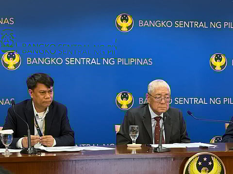 BSP Deputy Governor Zeno Abenoja (left) and BSP Governor Eli M. Remolona Jr. (right) speak at a Thursday, 23 April press conference at the central bank's Manila headquarters.