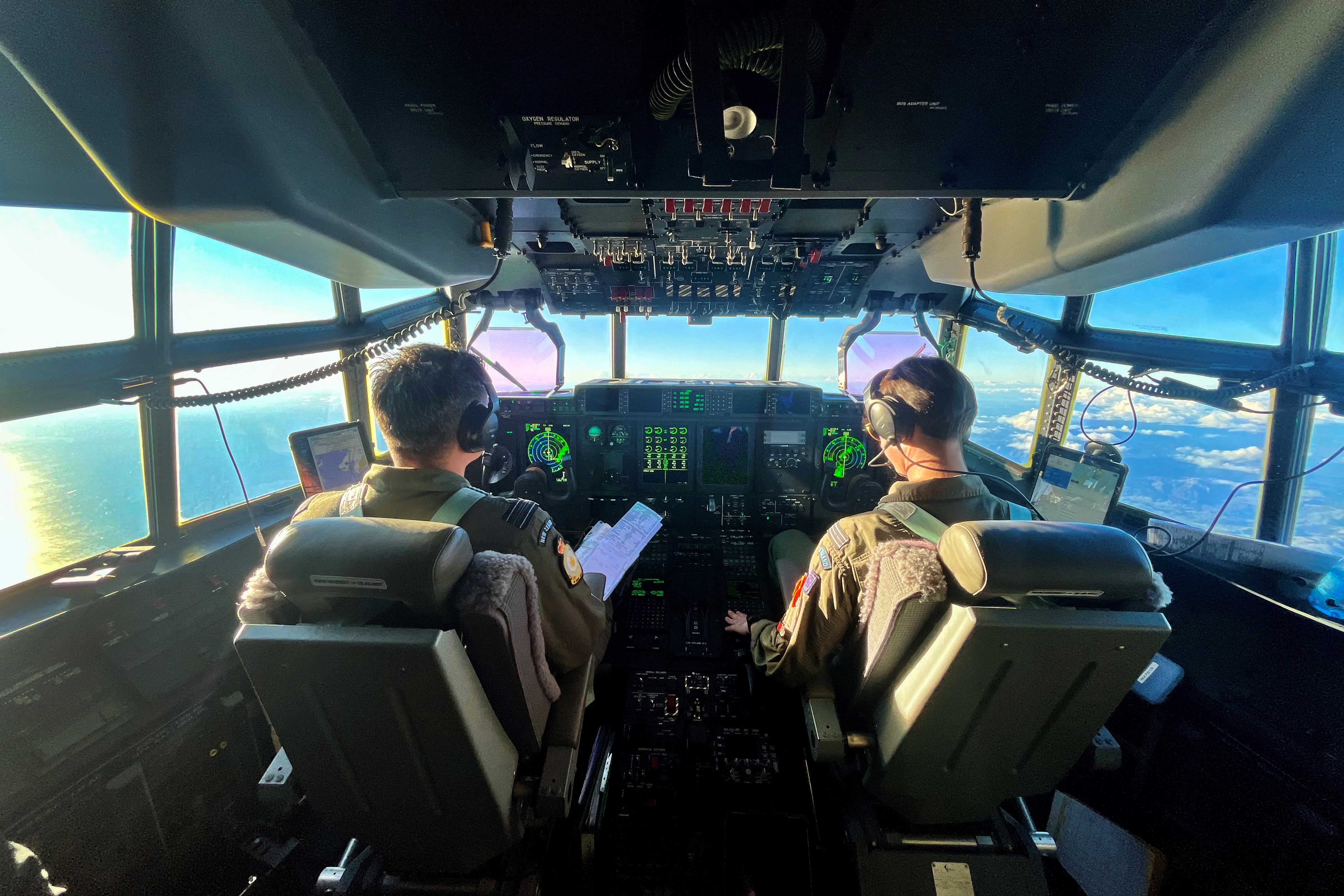 A Royal New Zealand Air Force C-130J Hercules is seen on the flight deck as it departs New Zealand for Fiji on 13 August 2025.