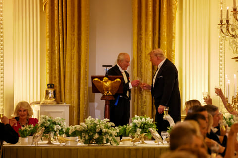 KING Charles III and United States President Donald Trump give a toast in the East Room during an official state dinner hosted by the President and First Lady at The White House on 28 April 2026 in Washington, DC.