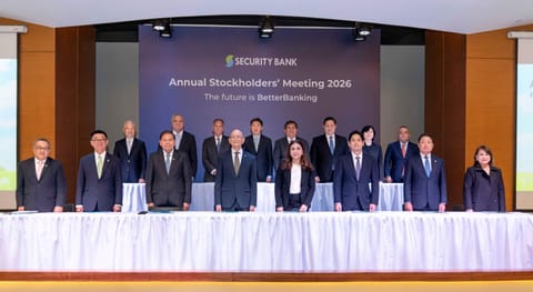 Security Bank’s Board of Directors during the Annual Stockholders’ Meeting on 28 April, 2026. (First row, L-R) James JK Hung, Board Advisor; Enrico S. Cruz, Independent Director; Gerard H. Brimo, Independent Director; Michael Chua, Independent Director; Atty. Jose Perpetuo M. Lotilla, Independent Director; Stephen G. Tan, Independent Director; Esther Wileen S. Go, Independent Director; Mark Dennis Y.C. Joven, Independent Director; (Second row, L-R) Joel Raymond R. Ayson, Corporate Secretary; Victor Lee Meng Teck, President and CEO; Cirilo P. Noel, Chairman; Frederick Y. Dy, Chairman Emeritus; Diana P. Aguilar, Vice Chairperson; Daniel S. Dy, Director; Hirofumi Umeno, Director; and Maria Cristina A. Tingson, Director