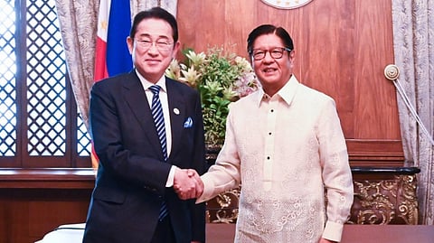 PRESIDENT Ferdinand Marcos Jr. shakes hands with with former Japanese Prime Minister Fumio Kishida, Supreme Adviser to the Parliamentary Association of the Asia Zero Emission Community during a courtesy call by Kishida in Malacañang on Thursday.