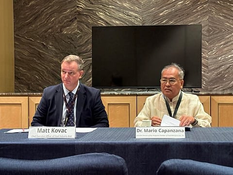 Matt Kovac, chief executive officer of Food Industry Asia, and Dr. Mario Capanzana, executive director of the Philippine Chamber of Food Manufacturers Inc., call for a balanced and evidence-based approach to the proposed Philippine Nutrient Profile Model on Wednesday, 29 April at the Shangri-La The Fort, Taguig City.