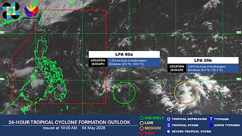 Satellite images of LPA 05a and 05b outside PAR as of 8:00 A.M. Monday