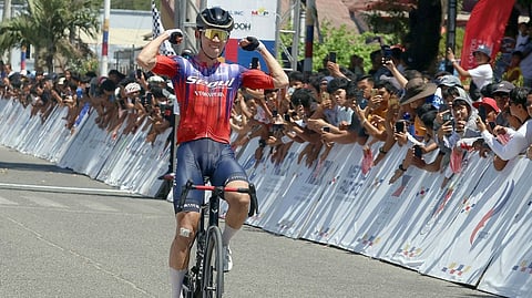 KYEONG Ho Min makes a triumphant approach at the Pagudpud Municipal Hall after winning Stage 6 of the MPTC Tour of Luzon 2026 on Monday.