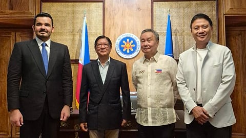 PRESIDENT Ferdinand ‘Bongbong’ Marcos Jr. receives Olympic Council of Asia president Sheikh Joaan bin Hamad Al-Thani (left) as well as POC president Abraham ‘Bambol’ Tolentino and PSC chairman Patrick Gregorio to discuss the country’s hosting of the 7th Asian Beach Games in 2028.