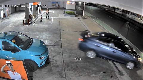 CCTV footage release by the Quezon City Police District (QCPD) about the incident occurred at around 3:16 AM, at a gasoline station along Mindanao Avenue, Brgy. Bahay Toro, Quezon City. The unidentified male suspect has loaded fuel amounting to P1,500 and fled without settling payment with the gasoline attendant. (Screenshot from the CCTV)