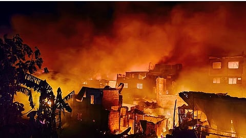 FIREFIGHTERS race against time to douse the blaze that hit a residential area at Barangay San Antonio in Parañaque City.