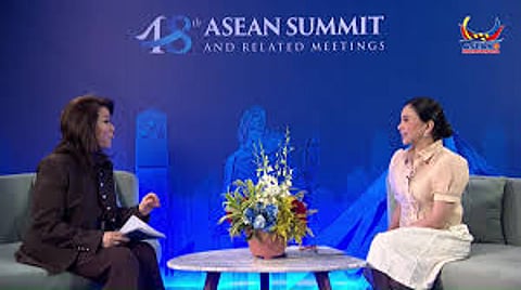 DTI Secretary Christina Roque (right) sits for an interview with broadcast journalist Cathy Yang at the International Media Center, Mactan World Museum, Lapu-Lapu City, Cebu.