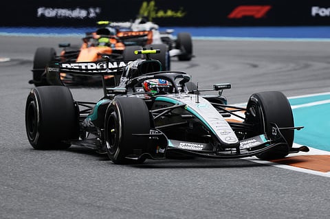 ANTONELLI leads McLaren’s Lando Norris during the Miami Grand Prix, where the Mercedes rookie claimed his third straight Formula One victory.