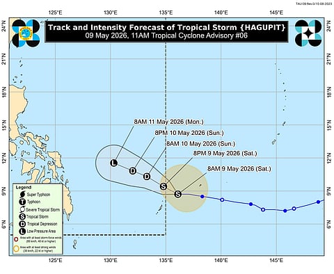 Track and intensity forecast from PAGASA of the Tropical storm Hagupit as of 11 A.M., 09 May 2026, which shows the weather disturbance weakening as it enters the Philippine Area of Responsibility (PAR).