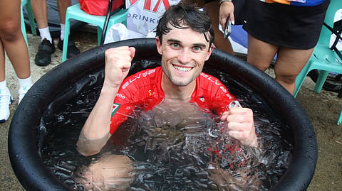 FRENCHMAN Antoine Huby, riding for 7-Eleven Cliqq Roadbike Philippines, celebrates his Stage 10 victory in the MPTC Tour of Luzon on Saturday with an ice bath in Cervantes, Ilocos Sur.
