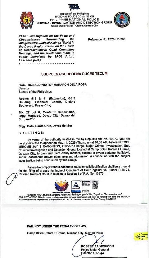 PNP-CIDG serves a subpoena to Senator Ronald “Bato” Dela Rosa over alleged extrajudicial killings in the Davao Region, but the lawmaker is absent as caretakers receive the document. DILG Secretary Jonvic Remulla explains the legal basis, possible indirect contempt, and clarifies there is no link to the ICC case.