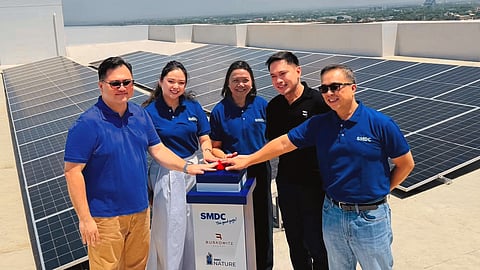 SOLAR Power Energization Ceremony of SMDC: (from left) Erickberth N. Calupe, senior vice president, head of Property Management; Jessica Bianca T. Sy, vice president, head of Design, Innovation, and Strategy; Susan G. Nicdao, vice president, head of Nature Segment; and Henry Layug, vice president, Sales, Buskowitz Energy and Edwin Yabut, vice president, head of Planning, Innovation and Design.