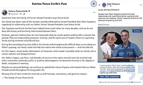 Katrina Ponce Enrile's statement on Facebook over Alan Cayetano’s claim of closeness with her father, Juan Ponce Enrile