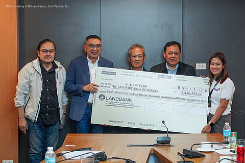 BBJVI President and CEO Jopet Inton (second from left) turns over 5% of its Gross Income Earned (GIE) shares to the National Government, Authority of the Freeport Area of Bataan (AFAB), Provincial Government of Bataan, and the Municipality of Mariveles at The Bunker in Balanga City, Bataan on May 12, 2026.