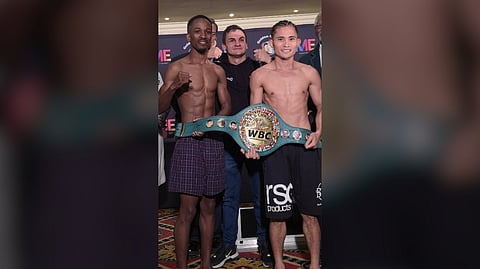 DEFENDING WBC strawweight champion Melvin Jerusalem (right) comes in at 104.4 pounds while South African challenger Siyakholwa Kuse steps in at 104.7 pounds for their title fight in Johannesburg at the start of midnight of Sunday.