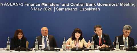 BSP Monetary Board Member Rosalia De Leon (left) co-chairs the 29th ASEAN+3 Finance Ministers’ and Central Bank Governors’ Meeting on 3 May 2026 in Samarkand, Uzbekistan. With her (from left) are Department of Finance Undersecretary Joven Z. Balbosa, Minister of Finance of Japan Satsuki Katayama, Vice Minister of Finance of Japan Atsushi Mimura, and Bank of Japan Deputy Governor Ryozo Himino.