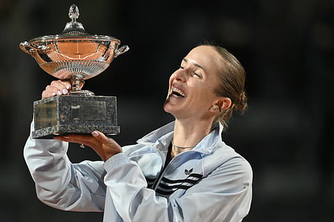 ELINA Svitolina celebrates after beating Coco Gauff in the women's singles event final to conquer the Italian Open title in Rome on Saturday.