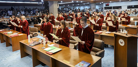 TRIAL unfolds Senators take their oath as the impeachment court convenes at the Senate in Pasay City on Monday for the trial of Vice President Sara Duterte. Outside the complex, opposing groups of protesters gather, underscoring heightened tensions surrounding the proceedings. The Vice President faces charges over alleged misuse of confidential funds, unexplained wealth, and controversial statements against President Ferdinand Marcos Jr., First Lady Liza Araneta-Marcos and House Speaker Martin Romualdez.