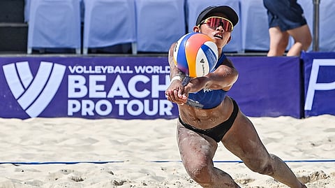 KLY Orillaneda of the Philippines receives the ball during the Volleyball World Beach Pro Tour Nuvali Challenge at the Nuvali Sands Courts in Laguna. Orillaneda and her partner, Dij Rodriguez, bowed to Marine Kinna and Anouk Dupin of France, 21-16, 21-11.