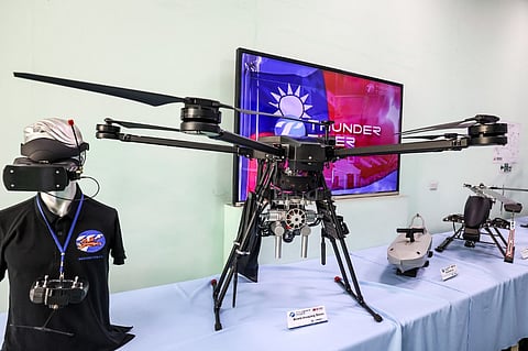 A bomb-dropping drone is displayed at the headquarters of Thunder Tiger Group in Taichung. Taiwan’s drone exports are surging, driven by the war in Ukraine and growing global demand for unmanned aerial vehicles.