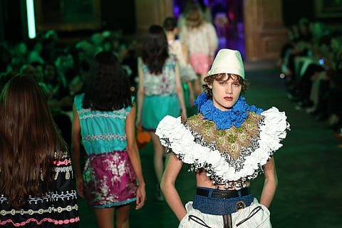 Models walk the runway during the Louis Vuitton 2027 collection fashion show at the Frick Collection in New York on 20 May, 2026.